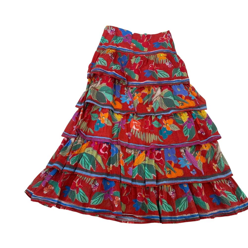 Marie Oliver Red Floral Tiered Ruffle Maxi Skirt SIZE 2 Boho Vacation Full $425 - Picture 11 of 13